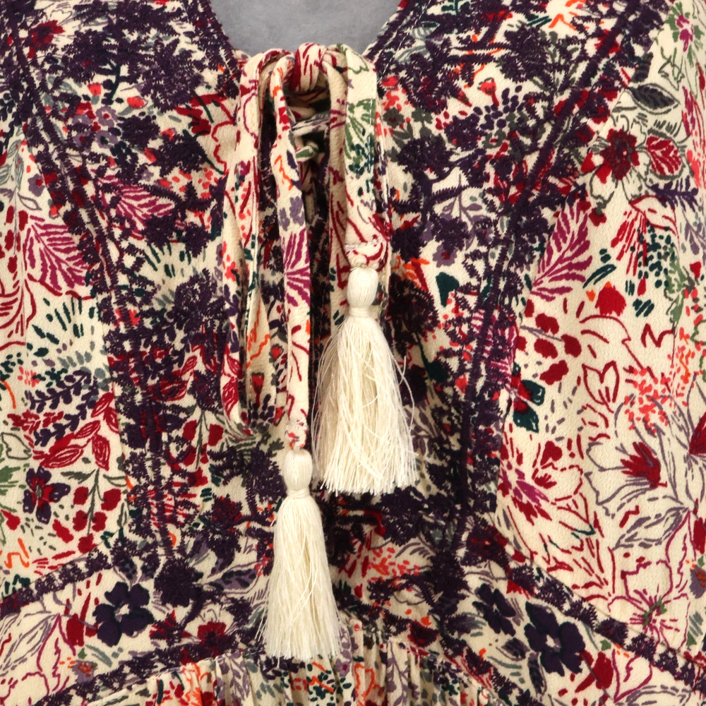 Torrid Top 1 Plus Size 1X Beige Purple Floral Blouse Tasseled Embroidered Boho - Picture 4 of 15